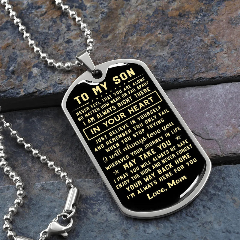 Sentimental Message Tag Necklace, To My Son Dog Tag Necklace, Christmas Present from Mom, Meaningful Birthday Son Pendant, Son Tag Necklace