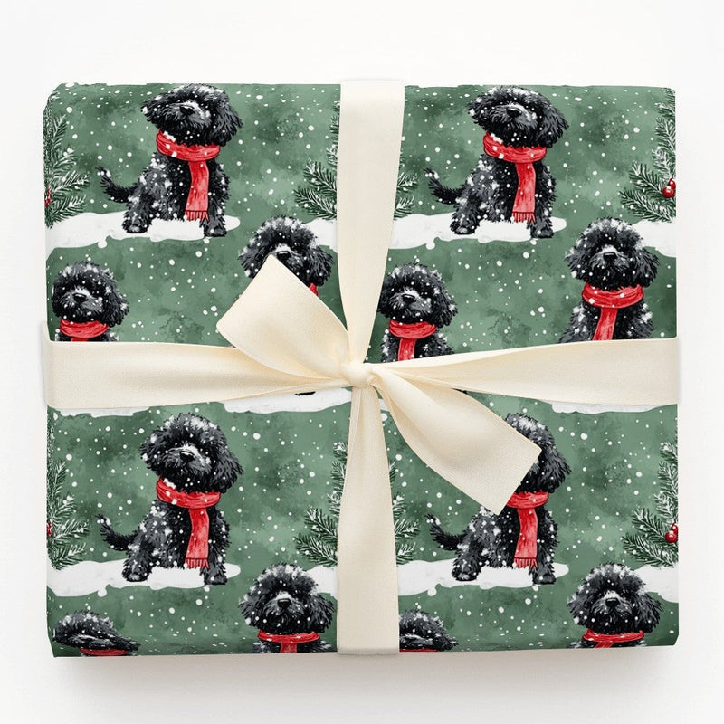 Festive Holiday Dog Wrapping Paper, Black Poodle Christmas Wrapping Paper, Winter Scarf Puppy Gift Wrap, Dog Gift Wrap, Dog Lover Xmas Present
