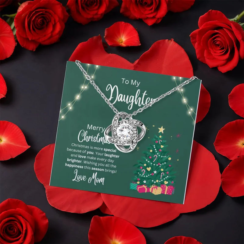 Mom to Daughter Love Knot Necklace, Christmas Daughter Love Knot Necklace, Sparkling CZ Crystal Pendant, Rotating Rose Box Necklace Present