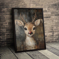 Whimsical Holiday Animal Canvas Print, Red Nosed Reindeer Canvas Wall Art, Christmas Reindeer Wall Decor, Festive Winter Home Art Present