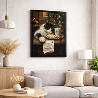 Whimsical Holiday Painting Print, Sleeping Christmas Cat Canvas Art, Festive Winter Pet Wall Decor, Comfy Xmas Kitten Canvas Present