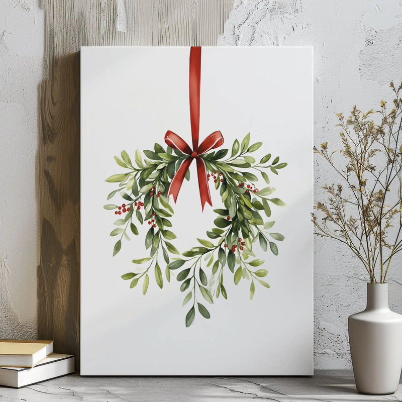 Christmas Wreath Canvas Print, Watercolor Mistletoe Canvas Art, Holiday Wall Art, Festive Botanical Canvas, Winter Home Decor Present
