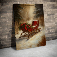 Snowy Forest Winter Canvas Art, Vintage Red Christmas Sleigh Canvas Print, Festive Holiday Canvas Wall Decor, Christmas Landscape Canvas