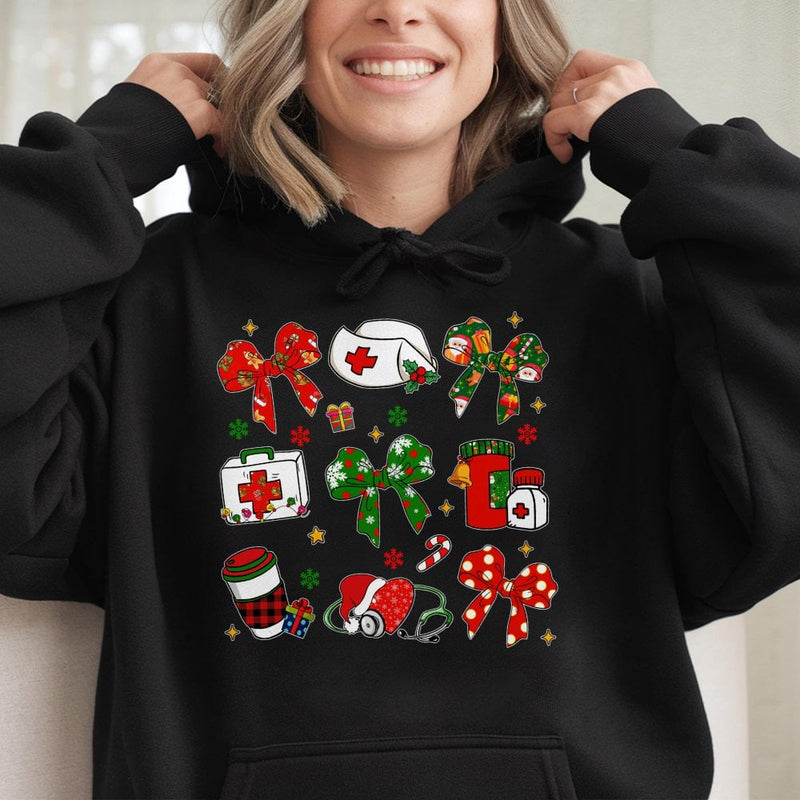 Stethoscope Xmas Sweatshirt, Coquette Bow Nurse Christmas Hoodie, Adorable RN Holiday Hooded Pullover, Healthcare Worker Present