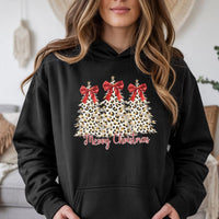 Merry Christmas Bow Hooded Sweatshirt, Leopard Print Christmas Tree Hoodie, Preppy Holiday Graphic Pullover, Winter Cheetah Xmas Sweater