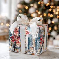 NYC Yellow Taxi Holiday Wrapping Paper, New York Christmas Wrapping Paper, Watercolor Skyline Wrapping Paper, Urban City Travel Gift Wrap