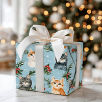 Adorable Kitten Holiday Gift Wrap, Christmas Cat Wrapping Paper, Festive Winter Cat Lover Wrapping Paper, Holly Pine Pet Lover Gift Wrap Roll
