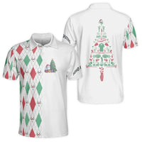 Humorous Holiday Argyle Golf Ball Tree Polo Shirt, Christmas Golf Polo Shirt, Festive Xmas Golfer Performance Top, Mens Holiday Present
