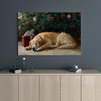Sleeping Dog Holiday Oil Painting Print, Golden Retriever Christmas Canvas Wall Art, Comfy Dog Digital Download, Xmas Home Decor