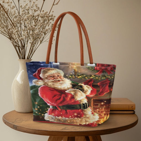 Festive Holiday Fireplace Tote Bag, Santa Claus Christmas Tote Bag, Comfy Winter Season Shoulder Bag, Xmas Handbag, Holiday P