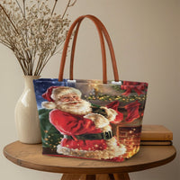 Festive Holiday Fireplace Tote Bag, Santa Claus Christmas Tote Bag, Comfy Winter Season Shoulder Bag, Xmas Handbag, Holiday Present Tote Bag