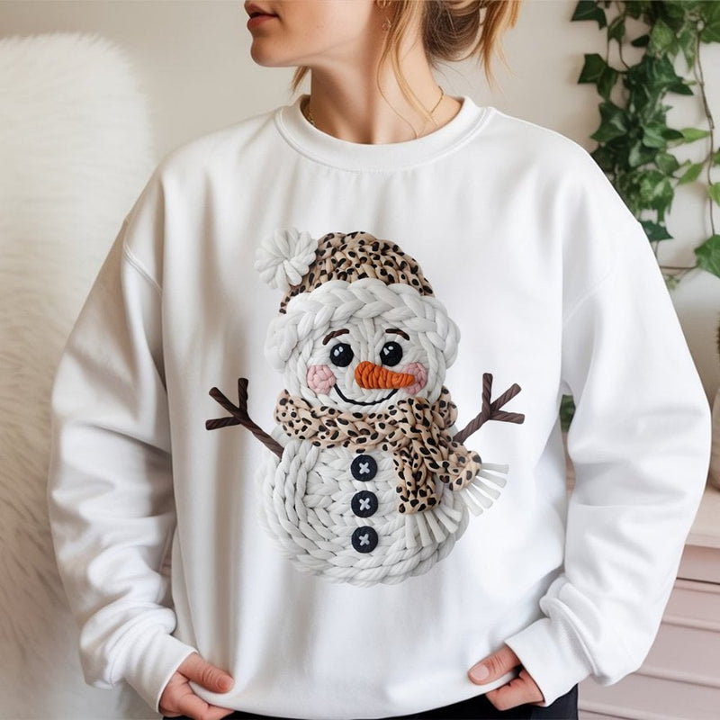 Faux Knit Winter Sweater, Leopard Print Snowman Sweatshirt, Adorable Christmas Holiday Crewneck, Retro Xmas Sweatshirt, Holiday Present for Her