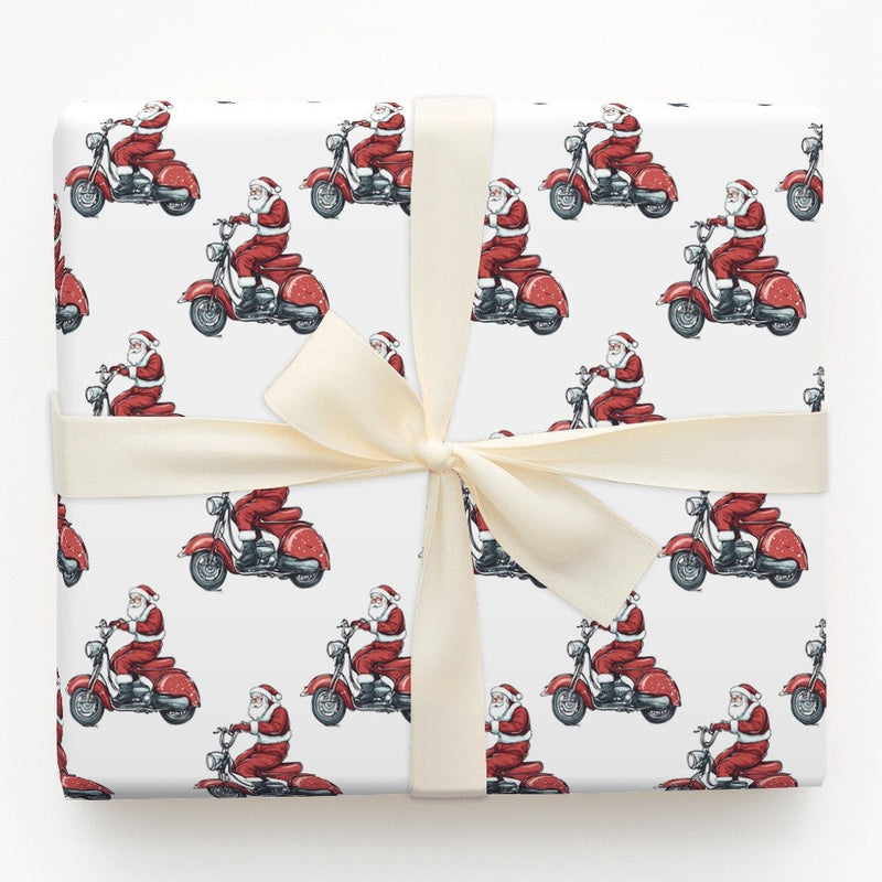 Vintage Scooter Santa Claus Gift Wrap, Red Scooter Santa Wrapping Paper, Whimsical Santa Wrapping Paper, Christmas Holiday Gift Wrap