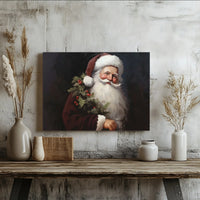 Classic Holly Wreath Portrait Canvas Print, Vintage Santa Claus Wall Art, Traditional Christmas Canvas Art, Holiday Home Wall Decor