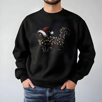 Santa Hat Cat Tangled in Lights Crewneck, Black Cat Christmas Sweatshirt, Humorous Cat Lover Holiday Pullover, Xmas Cat Sweater, Holiday Present
