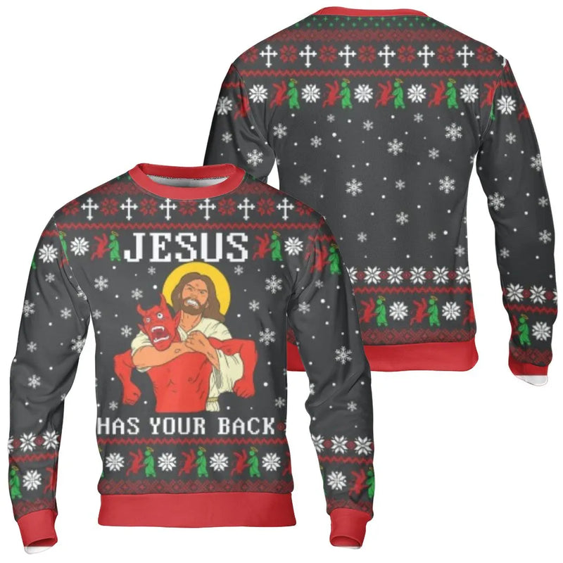 Humorous Ugly Christmas Sweater, Jesus Has Your Back Sweatshirt, Christian Holiday Crewneck, Religious Xmas Pullover, Faith Present for Him Her