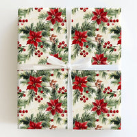 Holly Berry Christmas Wrapping Paper, Watercolor Poinsettia Wrapping Paper, Pine Botanical Gift Wrap, Vintage Holiday Floral Wrapping Paper