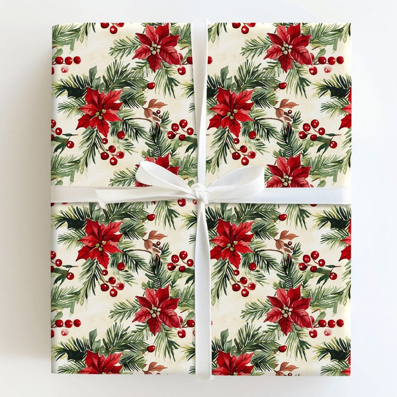 Holly Berry Christmas Wrapping Paper, Watercolor Poinsettia Wrapping Paper, Pine Botanical Gift Wrap, Vintage Holiday Floral Wrapping Paper