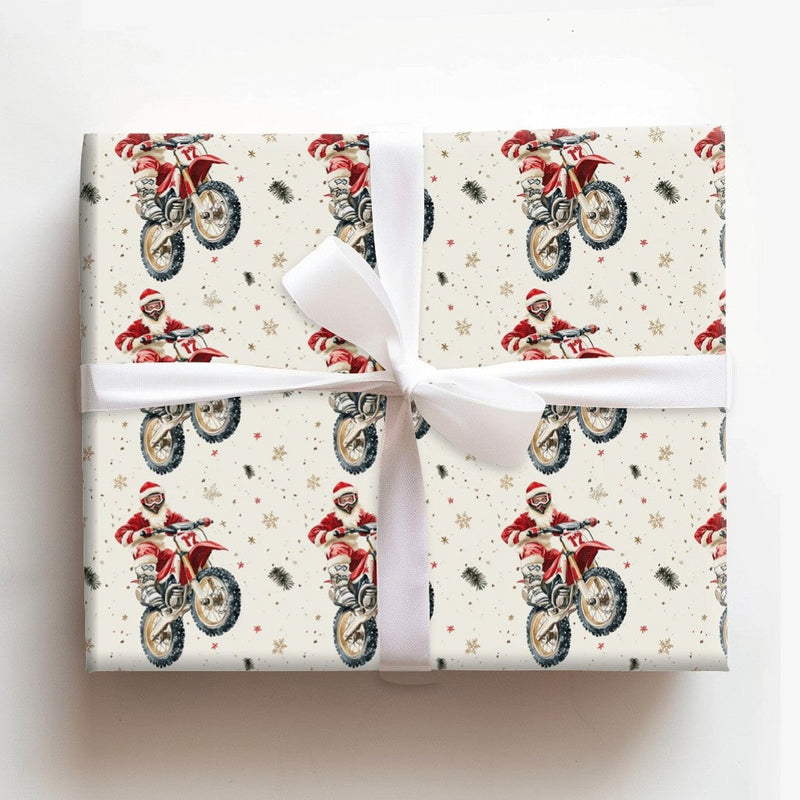 Dirt Bike Christmas Gift Wrap, Motocross Santa Wrapping Paper, Extreme Biker Holiday Wrapping Paper, Motorcycle Xmas Gift Wrap Paper Roll