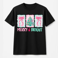 Merry and Bright Holiday T-Shirt, Pastel Christmas Tree Bows Shirt, Adorable Coquette Christmas Graphic Tee, Festive Holiday Tee, Xmas Present