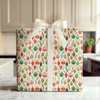 Botanical Greenery Gift Wrap, Watercolor Christmas Ornament Wrapping Paper, Festive Holiday Wrapping Paper, Xmas Baubles Gift Wrap Roll