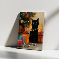 Adorable Kitten in Holiday Lights Canvas Print, Black Cat Christmas Canvas Wall Art, Festive Cat Lover Wall Art, Winter Holiday Canvas Decor