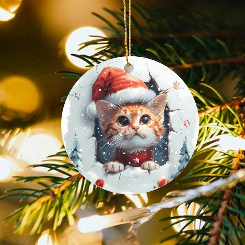 Santa Hat Kitten Holiday Ornament, Adorable Ginger Cat Christmas Ornament, Ceramic Pet Lover Tree Ornament, Winter Keepsake Present for Cat Mom