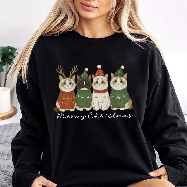 Festive Reindeer Kitties Holiday Sweater, Meowy Christmas Cat Sweatshirt, Adorable Xmas Cat Crewneck Pullover, Humorous Chris