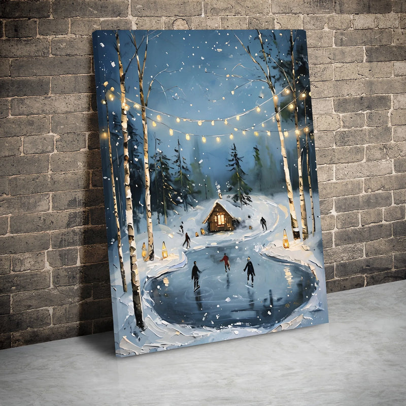 Snowy Cabin Christmas Canvas Print, Winter Ice Skating Canvas Wall Art, Comfy Holiday Wall Decor, Winter Scene Canvas Wall Art