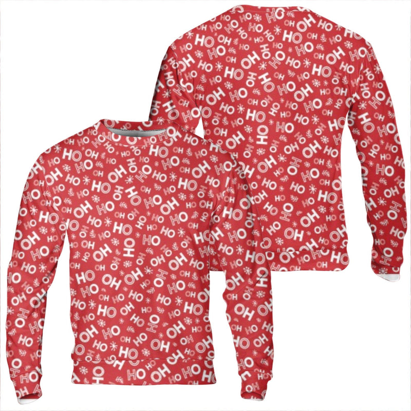 Red All Over Print Holiday Sweatshirt, Ho Ho Christmas Sweatshirt, Festive Xmas Pattern Sweatshirt, Ugly Christmas Party Crewneck Pullover