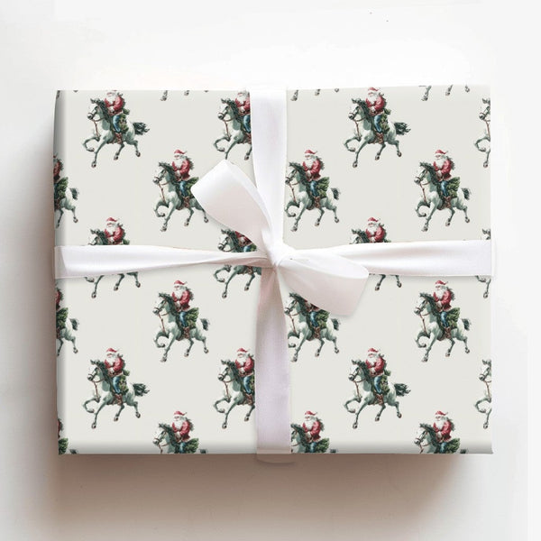 Vintage Horse Holiday Gift Wrap, Santa Claus Equestrian Christmas Wrapping Paper, Retro Country Wrapping Paper Roll, Equine L