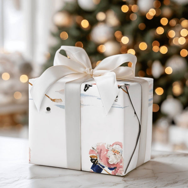 Watercolor Sports Gift Wrap, Santa Hockey Wrapping Paper, Ice Hockey Player Christmas Wrapping Paper, Adorable Holiday Gift W