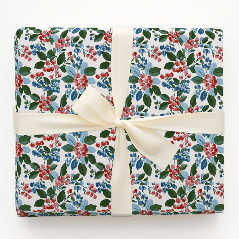 Botanical Holiday Gift Wrap, Watercolor Berry Wrapping Paper, Festive Floral Christmas Wrapping Paper, Winter Berry Gift Wrap Roll