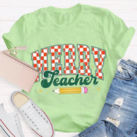 Holiday Educator Graphic Tee, Plaid Pencil Merry Teacher Christmas T-Shirt, Adorable Winter School Teacher Shirt, Christmas Teacher Present