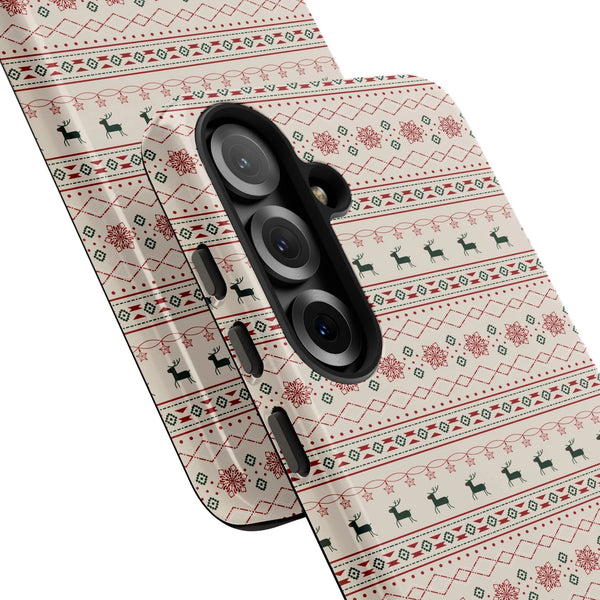 Snowflake Holiday Pattern Cover, Christmas Fair Isle Reindeer Phone Case, Festive Winter Phone Case, Dual Layer Polycarbonate