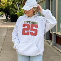 Retro Varsity Holiday Sweatshirt, December 25 Christmas Hoodie, Vintage 25 Number Hooded Pullover, Comfy Xmas Winter Hoodie, Holiday Fan Present