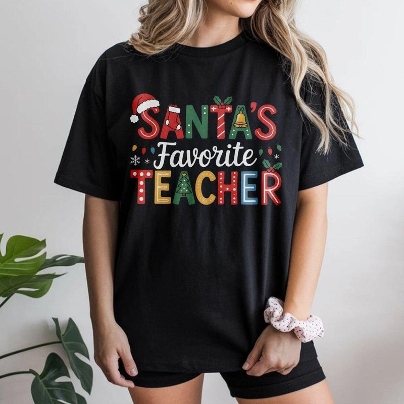 Festive Holiday School Graphic Tee, Santa's Favorite Teacher T-Shirt, Retro Educator Christmas Shirt, Adorable Teacher Christmas Holiday Top