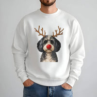 Doodle with Antlers Holiday Sweater, Christmas Reindeer Dog Sweatshirt, Adorable Festive Dog Lover Crewneck, Humorous Winter Pullover Present