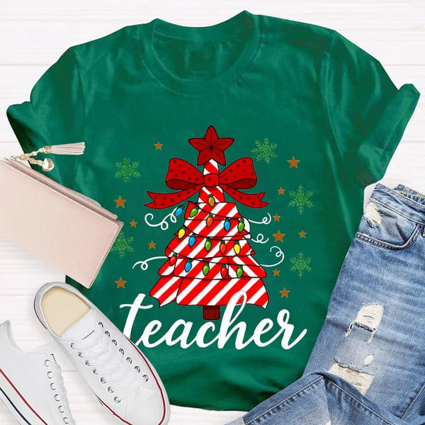 Bow Christmas Tree Colorful Lights Graphic Tee, Teacher Christmas T-Shirt, Festive Holiday Educator Shirt, Xmas Present