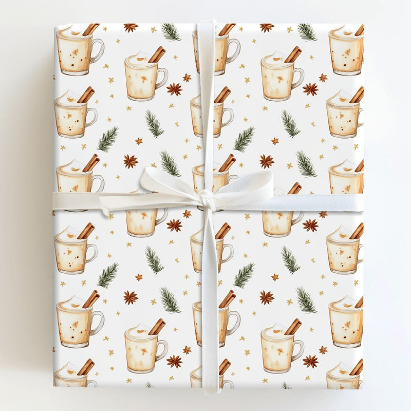 Comfy Holiday Drink Gift Wrap, Watercolor Eggnog and Cinnamon Wrapping Paper, Festive Christmas Wrapping Paper, Winter Beverage Present Wrap