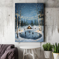 Snowy Cabin Canvas Print, Winter Ice Skating Canvas Wall Art, Fairy Lights Holiday Canvas Decor, Christmas Landscape Artwork, Winter Present