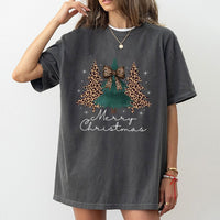 Coquette Bow Holiday Tee, Leopard Print Christmas Tree T-Shirt, Adorable Preppy Xmas Graphic Shirt, Girly Tis the Season Top