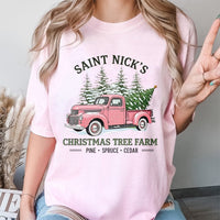 Pink Vintage Truck T-Shirt, Saint Nick's Christmas Tree Farm T-Shirt, Retro Holiday Farm Graphic T-Shirt, Adorable Xmas Tree Tee, Winter Present