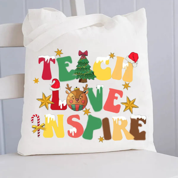 Teach Love Inspire Holiday Tote Bag, Christmas Teacher Canvas Tote Bag, Festive Winter School Bag, Teacher Christmas Apprecia