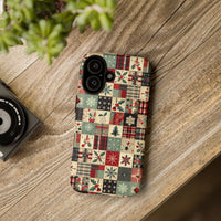 Holiday Plaid Snowflake iPhone Case, Christmas Patchwork Phone Case, Festive Holly Berry Phone Cover, Vintage Quilt Pattern Holiday Case
