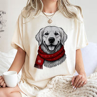 Dog with Red Scarf Holiday Shirt, Golden Retriever Christmas T-Shirt, Festive Xmas Dog Lover Graphic Tee, Adorable Puppy Holiday Present