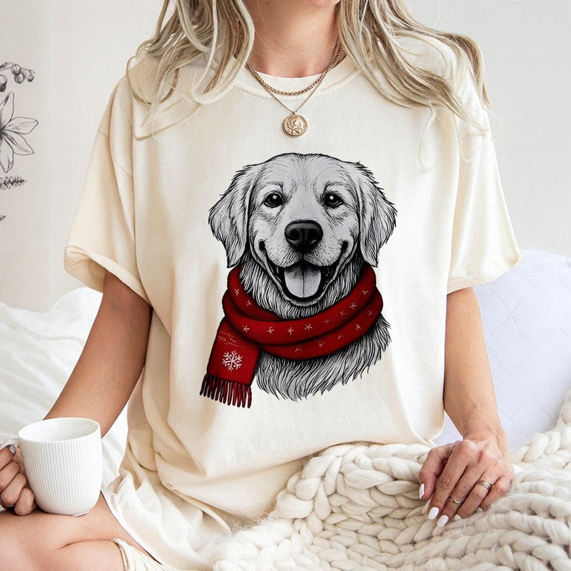 Dog with Red Scarf Holiday Shirt, Golden Retriever Christmas T-Shirt, Festive Xmas Dog Lover Graphic Tee, Adorable Puppy Holiday Present