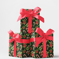 Holly Holiday Gift Wrap, Watercolor Candy Cane Christmas Wrapping Paper, Festive Xmas Present Wrapping Paper, Winter Season Gift Wrap Roll