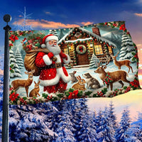 Winter Woodland Deer Cabin Banner, Santa Claus Christmas House Flag, Double-Sided Holiday Garden Flag, Rustic Xmas Lawn Decor