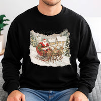 Santa Claus Reindeer Sleigh Crewneck, Vintage Christmas Village Sweatshirt, Retro Winter Holiday Scene Pullover, Comfy Xmas Town Sweater